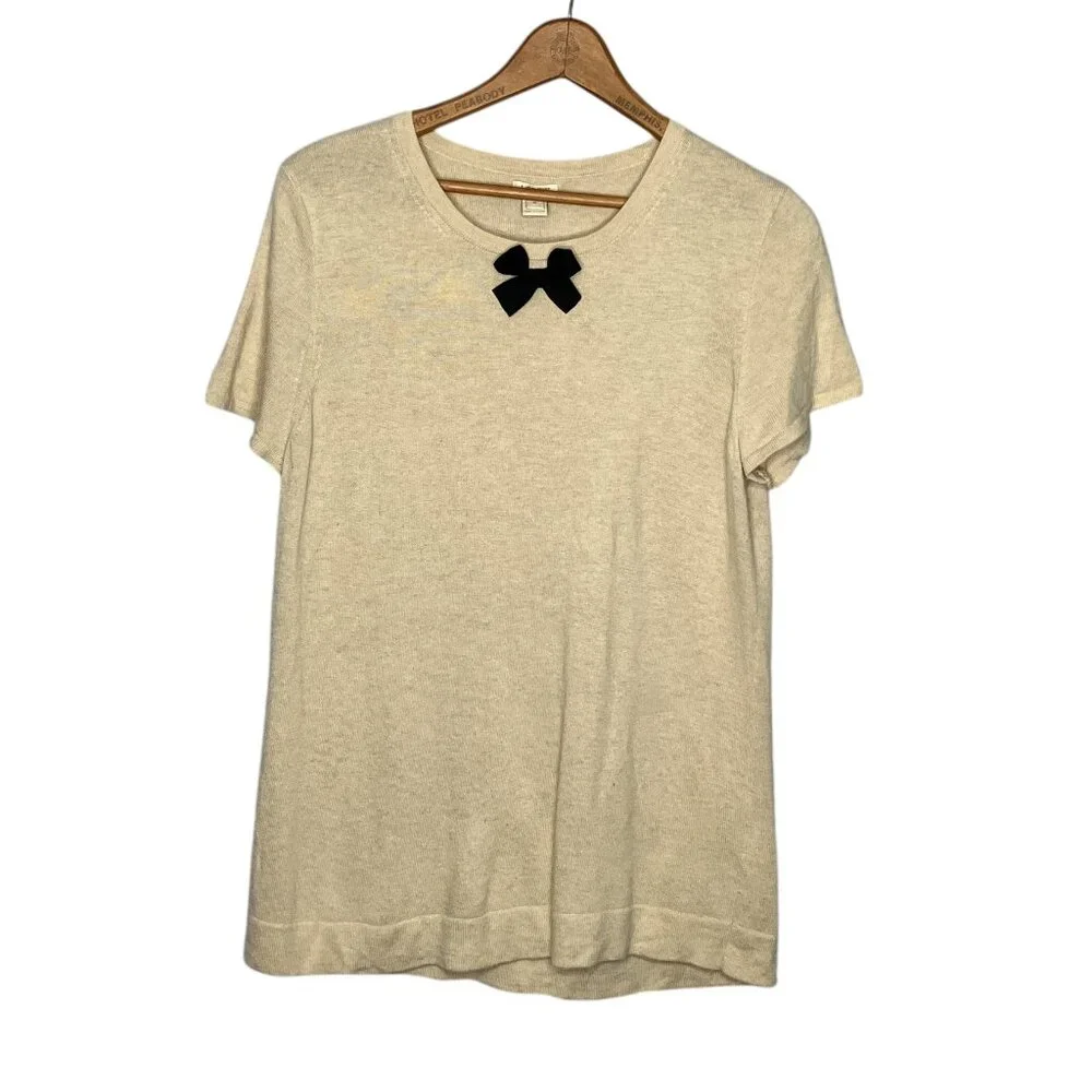 J.Crew Medium M Cream Merino Wool Blend Cream Bow Short Sleeve‎ Pullover Sweater